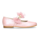 PRE-ORDER. Ceremony Mary Jane shoes in nappa leather in powder pink with tulle flower.