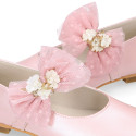 PRE-ORDER. Ceremony Mary Jane shoes in nappa leather in powder pink with tulle flower.