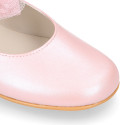 PRE-ORDER. Ceremony Mary Jane shoes in nappa leather in powder pink with tulle flower.