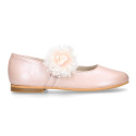 PRE-ORDER. Ceremony Mary Jane shoes in nappa leather in nude color with plumeti flower.