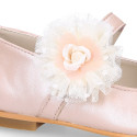 PRE-ORDER. Ceremony Mary Jane shoes in nappa leather in nude color with plumeti flower.