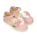 Powered pink Linen canvas girl espadrille shoes for CEREMONIES with flower design.