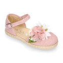 Powered pink Linen canvas girl espadrille shoes for CEREMONIES with flower design.