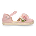 Powered pink Linen canvas girl espadrille shoes for CEREMONIES with flower design.