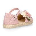 Powered pink Linen canvas girl espadrille shoes for CEREMONIES with flower design.