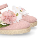 Powered pink Linen canvas girl espadrille shoes for CEREMONIES with flower design.