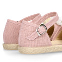 Powered pink Linen canvas girl espadrille shoes for CEREMONIES with flower design.