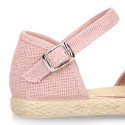 Powered pink Linen canvas girl espadrille shoes for CEREMONIES with flower design.