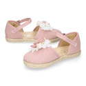 Powered pink Linen canvas girl espadrille shoes for CEREMONIES with flower design.