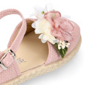 Powered pink Linen canvas girl espadrille shoes for CEREMONIES with flower design.