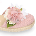 Powered pink Linen canvas girl espadrille shoes for CEREMONIES with flower design.