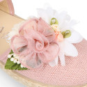 Powered pink Linen canvas girl espadrille shoes for CEREMONIES with flower design.