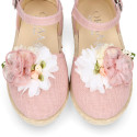 Powered pink Linen canvas girl espadrille shoes for CEREMONIES with flower design.