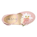 Powered pink Linen canvas girl espadrille shoes for CEREMONIES with flower design.