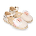 Ivory Linen canvas girl espadrille shoes for CEREMONIES with flower design.