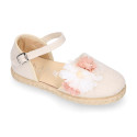 Ivory Linen canvas girl espadrille shoes for CEREMONIES with flower design.