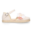 Ivory Linen canvas girl espadrille shoes for CEREMONIES with flower design.