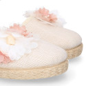 Ivory Linen canvas girl espadrille shoes for CEREMONIES with flower design.