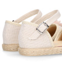 Ivory Linen canvas girl espadrille shoes for CEREMONIES with flower design.