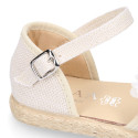 Ivory Linen canvas girl espadrille shoes for CEREMONIES with flower design.