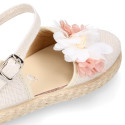 Ivory Linen canvas girl espadrille shoes for CEREMONIES with flower design.