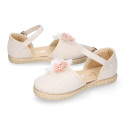 Ivory Linen canvas girl espadrille shoes for CEREMONIES with flower design.