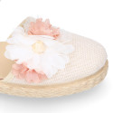 Ivory Linen canvas girl espadrille shoes for CEREMONIES with flower design.