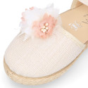 Ivory Linen canvas girl espadrille shoes for CEREMONIES with flower design.