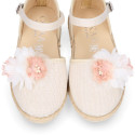 Ivory Linen canvas girl espadrille shoes for CEREMONIES with flower design.