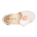 Ivory Linen canvas girl espadrille shoes for CEREMONIES with flower design.