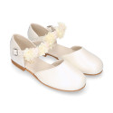 PRE-ORDER. Ceremony Mary Jane shoes in nappa leather in ivory color with flowers.