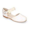 PRE-ORDER. Ceremony Mary Jane shoes in nappa leather in ivory color with flowers.