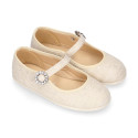 Ice color linen Stylized little Girl Mary Jane shoes with buckle fastening with diamond design.