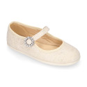 Ice color linen Stylized little Girl Mary Jane shoes with buckle fastening with diamond design.