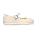 Ice color linen Stylized little Girl Mary Jane shoes with buckle fastening with diamond design.