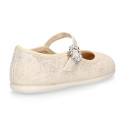 Ice color linen Stylized little Girl Mary Jane shoes with buckle fastening with diamond design.