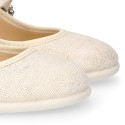 Ice color linen Stylized little Girl Mary Jane shoes with buckle fastening with diamond design.