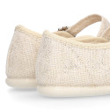 Ice color linen Stylized little Girl Mary Jane shoes with buckle fastening with diamond design.