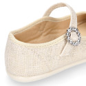 Ice color linen Stylized little Girl Mary Jane shoes with buckle fastening with diamond design.