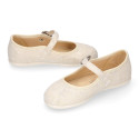 Ice color linen Stylized little Girl Mary Jane shoes with buckle fastening with diamond design.