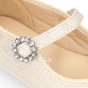 Ice color linen Stylized little Girl Mary Jane shoes with buckle fastening with diamond design.