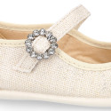 Ice color linen Stylized little Girl Mary Jane shoes with buckle fastening with diamond design.