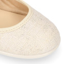 Ice color linen Stylized little Girl Mary Jane shoes with buckle fastening with diamond design.