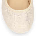 Ice color linen Stylized little Girl Mary Jane shoes with buckle fastening with diamond design.