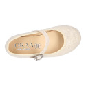 Ice color linen Stylized little Girl Mary Jane shoes with buckle fastening with diamond design.