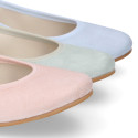 PRE-ORDER. Pastel colors soft suede leather Girl Ballet flat shoes dancer style with elastic bands.