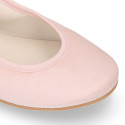 PRE-ORDER. Pastel colors soft suede leather Girl Ballet flat shoes dancer style with elastic bands.