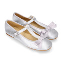 T-strap little Mary Jane shoes with buckle fastening in metal finish suede leather.