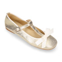 T-strap little Mary Jane shoes with buckle fastening in metal finish suede leather.