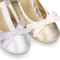 T-strap little Mary Jane shoes with buckle fastening in metal finish suede leather.